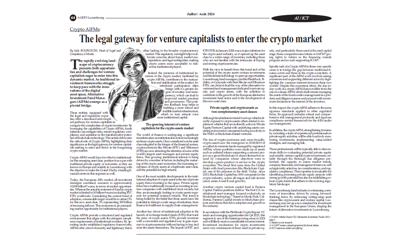 AGEFI Luxembourg – Crypto AIFMs: The legal gateway for venture capitalists to enter the crypto market